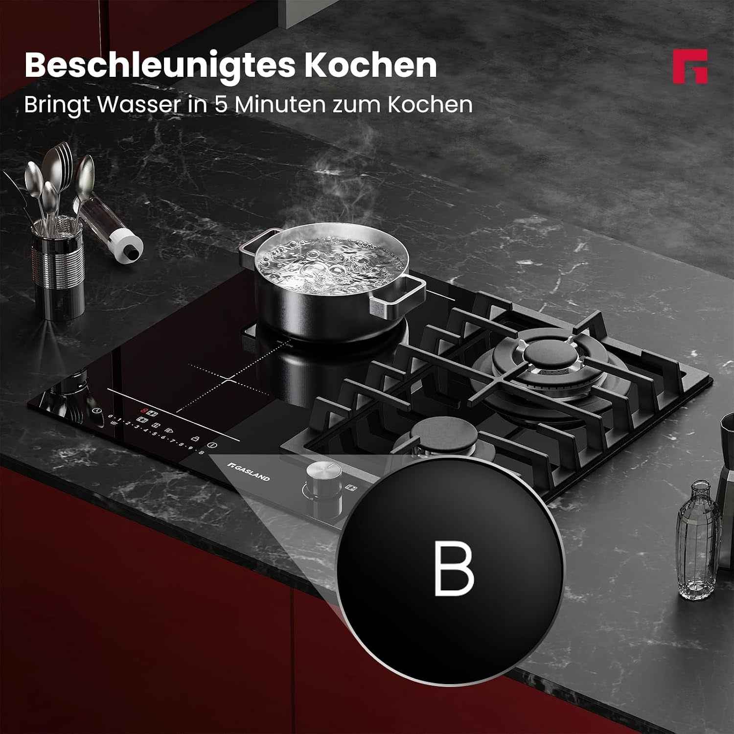 GIH604BF Plaque Mixte Gaz Et Induction 60 Cm, Gaz 5200 W Avec Brûleur Wok, Induction 3500 W Avec Fonction BBQ, Verre Noir Encastrable (Sans Poêle)