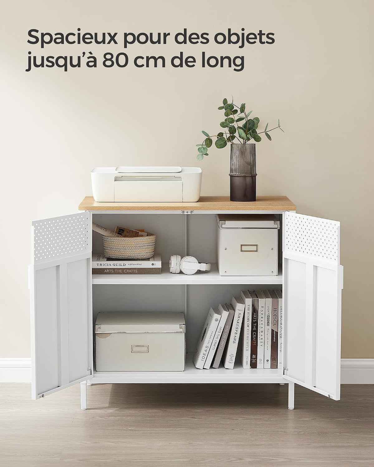 Meuble De Rangement, Buffet, En Métal, Double Porte, Fermeture Magnétique, Cadre En Acier, 40 X 80 X 76 Cm, Couleur Boisée Et Blanc LSC102W57