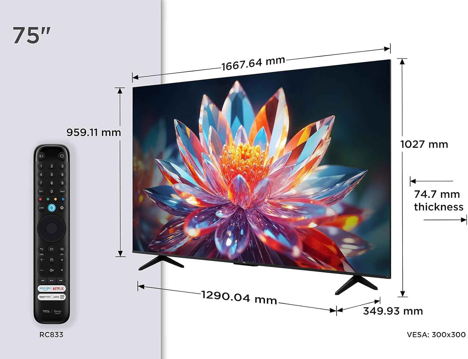 TCL 75T6C 75” QLED 4K HDR TV, Fire TV (Téléviseur Intelligent Avec Dolby Vision Et Atmos, HDR10+, Appuyez Et Demandez À Alexa)