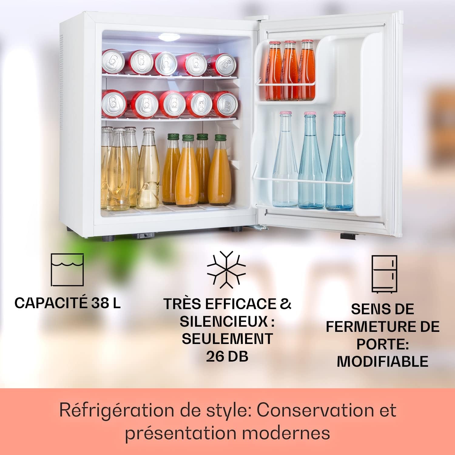 Mini Frigo De Chambre De 38L Pour Boissons Et Bieres, Petit Frigo Silencieux, Mini Bar Intérieur/Ext, Petit Refrigerateur Camping, Stockage De Vins, Cosmetique, Étagères Réglables, 6-18°C