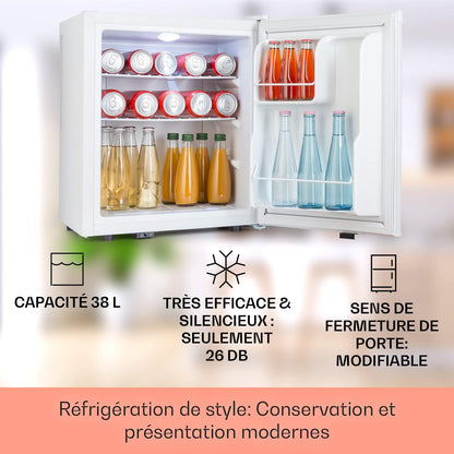 Mini Frigo De Chambre De 38L Pour Boissons Et Bieres, Petit Frigo Silencieux, Mini Bar Intérieur/Ext, Petit Refrigerateur Camping, Stockage De Vins, Cosmetique, Étagères Réglables, 6-18°C