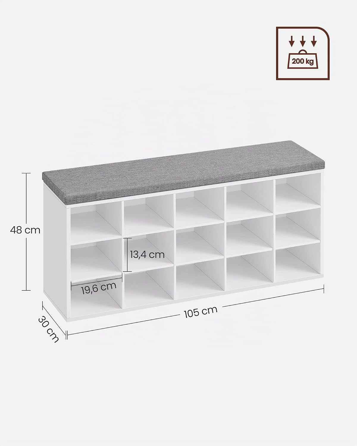 CUSTOS Collection - Banc À Chaussures, Organiseur De Chaussures Avec 15 Compartiments, Siège Rembourré, Pour Entrée, Couloir, Placard, Blanc Nuage Et Gris Tourterelle LHS015WB02