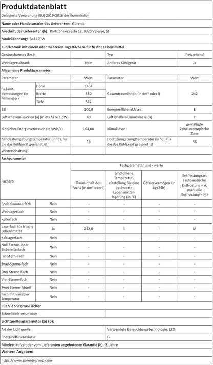 R4142PW Réfrigérateur Autoportante 242 L E Blanc