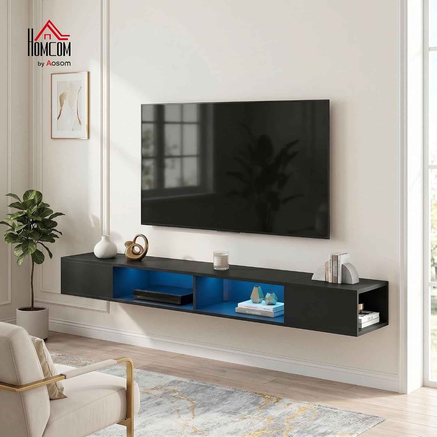 Meuble TV Suspendu 180 Cm Avec LED RGB Pour TV 75 Pouces Noir | Meuble Télé, Étagères Ouvertes, Banc TV Mural Pour Salon
