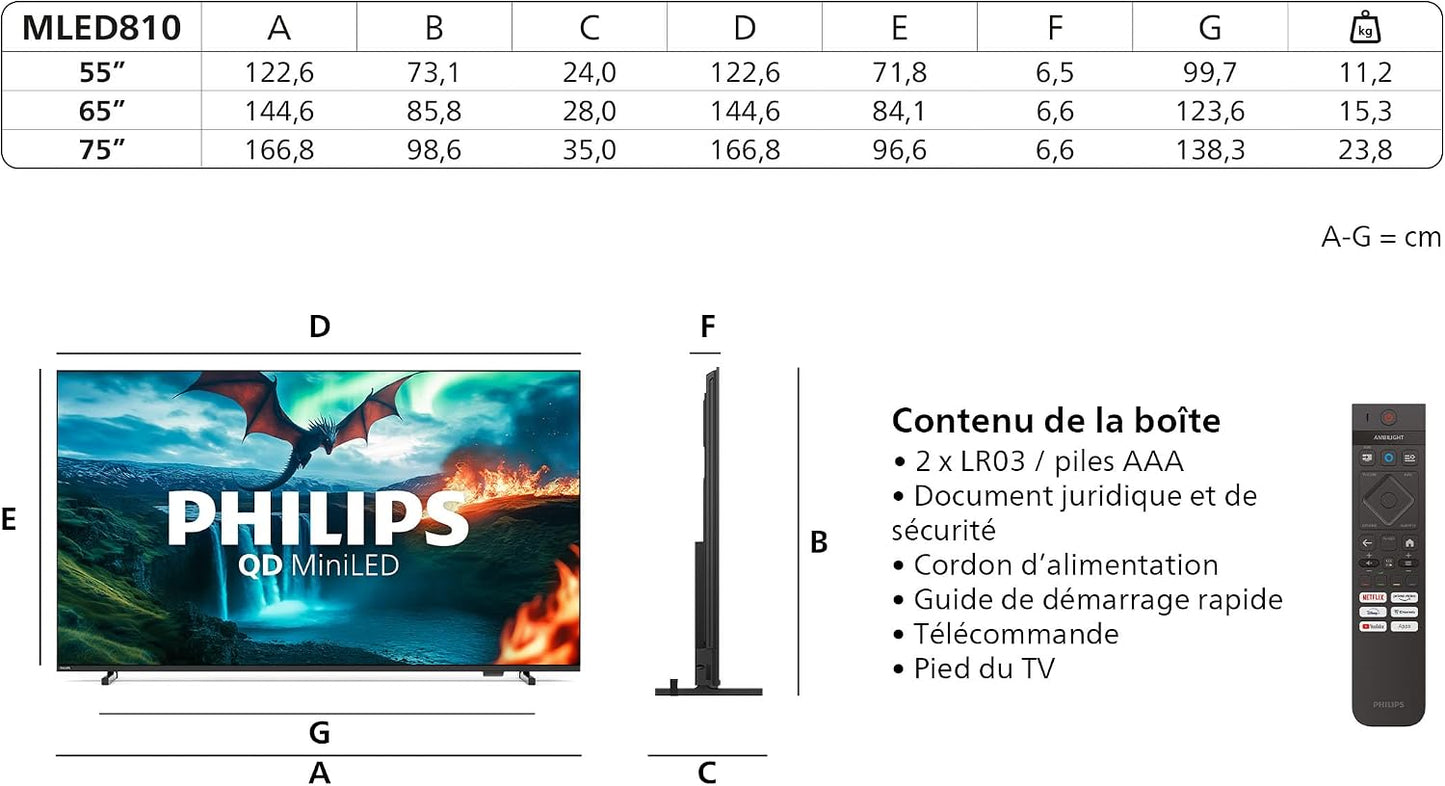 Philips 65MLED810 Mini LED 4K Smart TV - Écran 65 Pouces Avec P5 Perfect Picture Engine Ultra HD, Titan OS, Dolby Vision Et Son Dolby Atmos