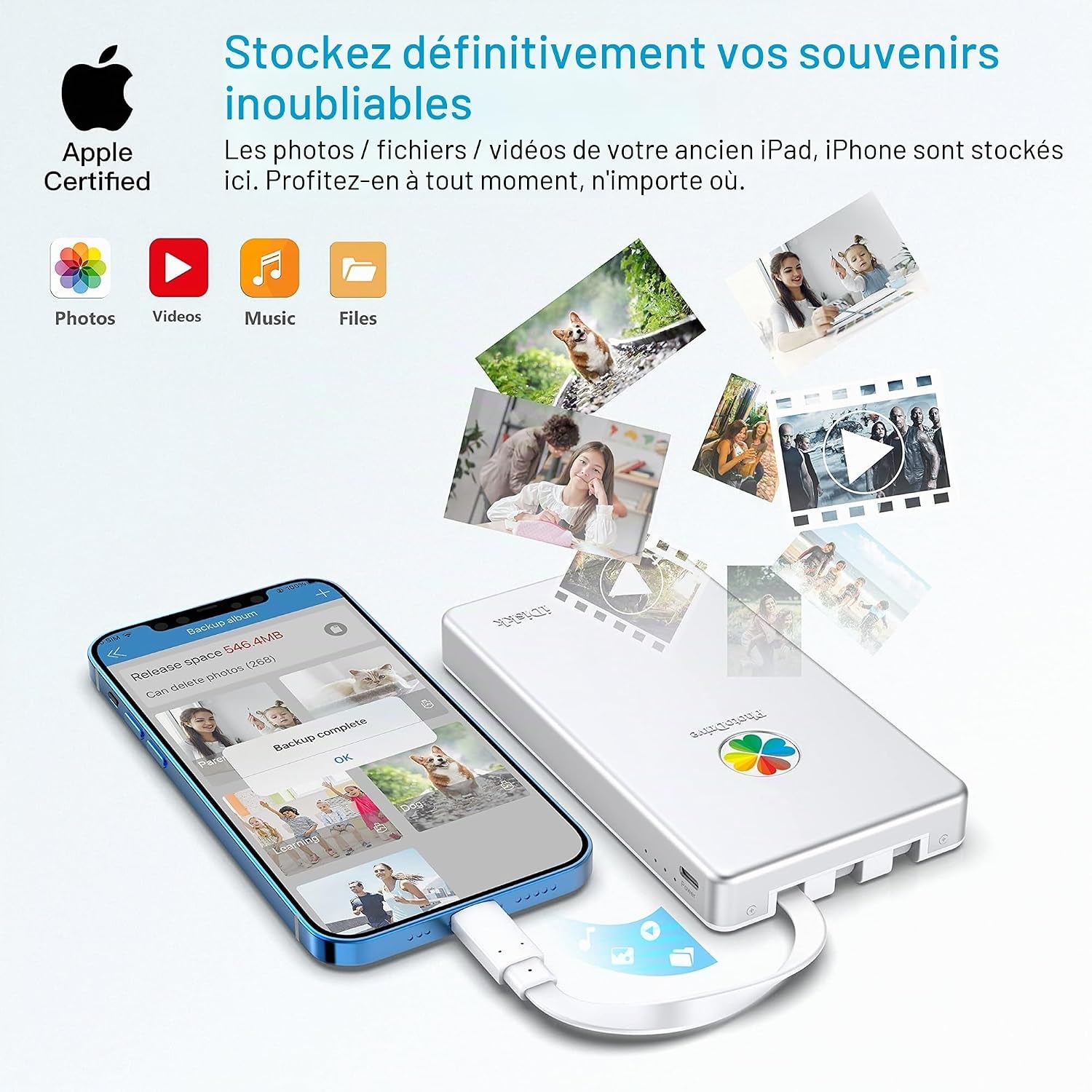 Disque Dur Externe Lightning 3 En 1 Certifié Mfi 2 to Pour Iphone Avec 3 Câbles Intégrés, Disque Dur Portable USB-C Pour Les Derniers Iphone/Ipad/Mac/Pc Et Téléphones Mobiles USB-C
