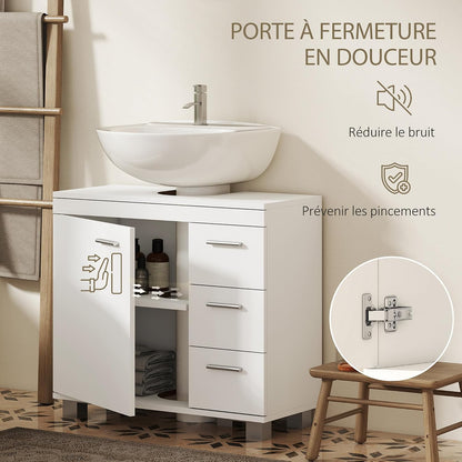 Meuble Sous Lavabo Salle De Bain 3 Tiroirs 70 X 30 X 64 Cm Blanc | Porte À Fermeture Amortie, Armoire Sous Lavabo, Style Moderne