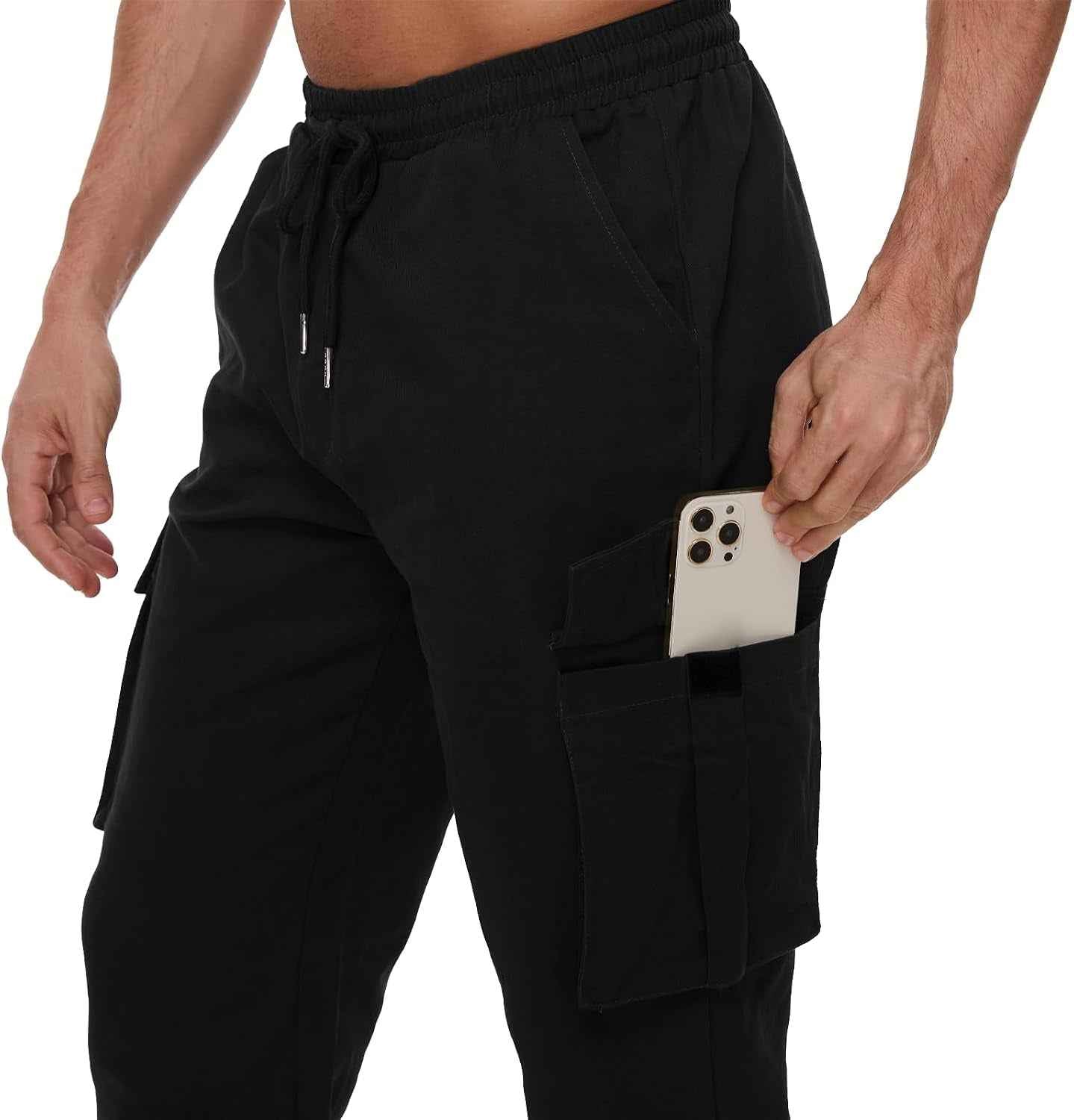 Pantalons Cargo Homme Coton Pantalon De Travail Avec Multi Poches Taille Elastique Cordon De Serrage