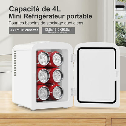 Mini Frigo Portable 4L, Mini Réfrigérateur Cosmétique, Mini Glacière Électrique, Fonction Froid/Chaud, Avec Câble AC 220V/ DC 12V Pour Voiture, Bureau, Chambre (Blanc)