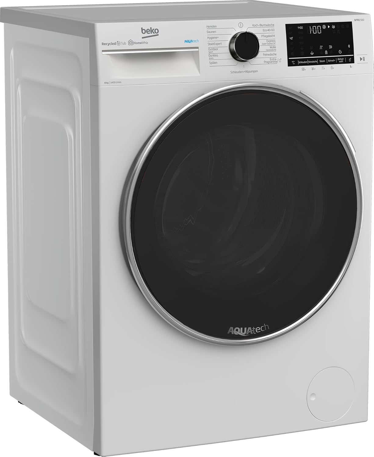 Beko B5WFU58418W Machine À Laver Automatique Avec Indicateur De Temps Restant Et Essorage 8Kg 1400 Tr/Min Bluetooth Fonction Vapeur Hygiénique + Hypoallergénique Lavage Rapide Avec Aquatech Blanc