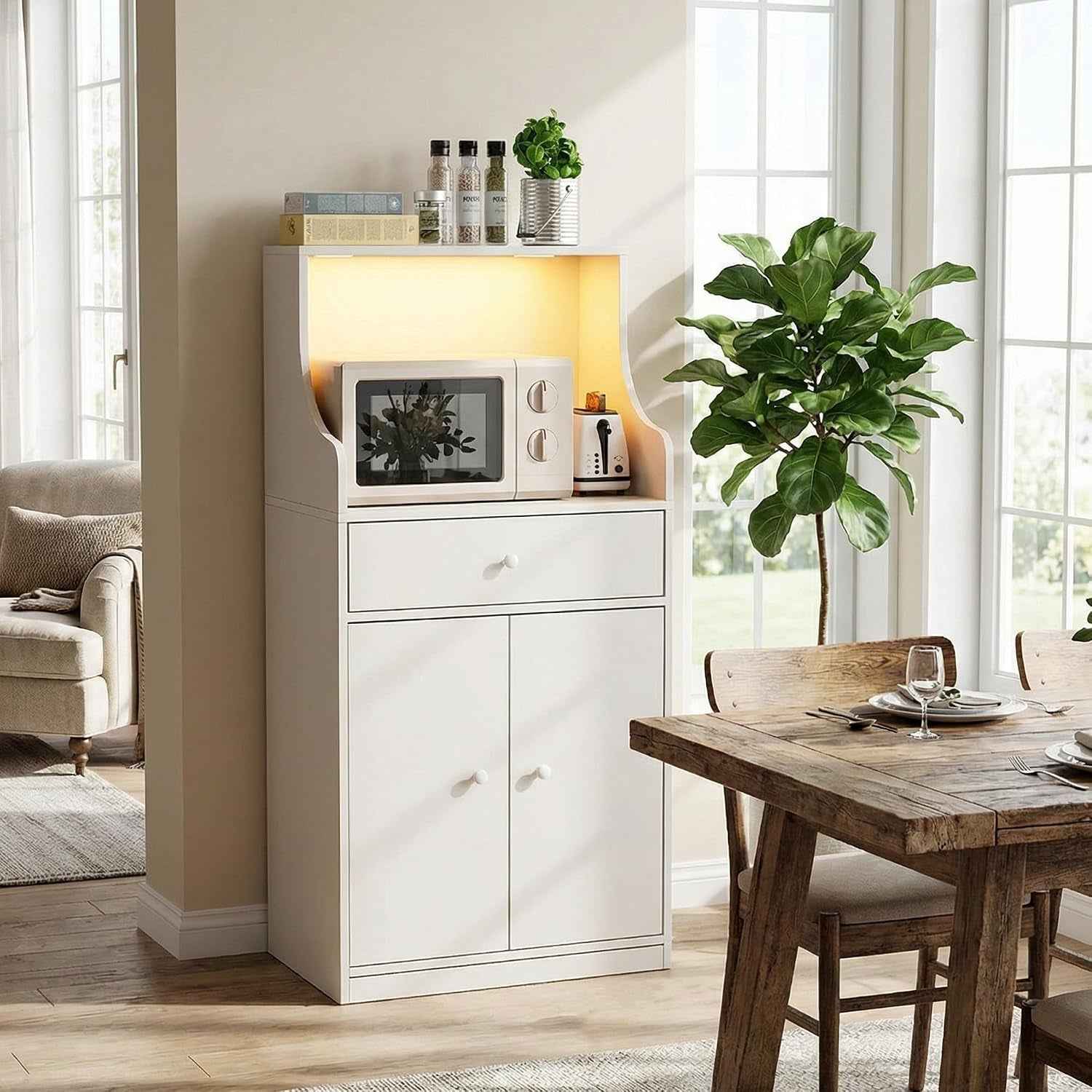 Meuble Micro-Ondes Buffet Avec Prise Armoire De Cuisine Avec 1 Tiroir 1 Grand Casier Et Bandeau Lumineux LED Meuble Buffet 60X40X123Cm Pour Salle À Manger, Cuisine, Salon Blanc