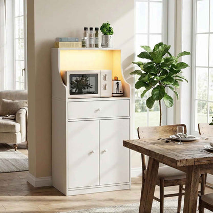 Meuble Micro-Ondes Buffet Avec Prise Armoire De Cuisine Avec 1 Tiroir 1 Grand Casier Et Bandeau Lumineux LED Meuble Buffet 60X40X123Cm Pour Salle À Manger, Cuisine, Salon Blanc