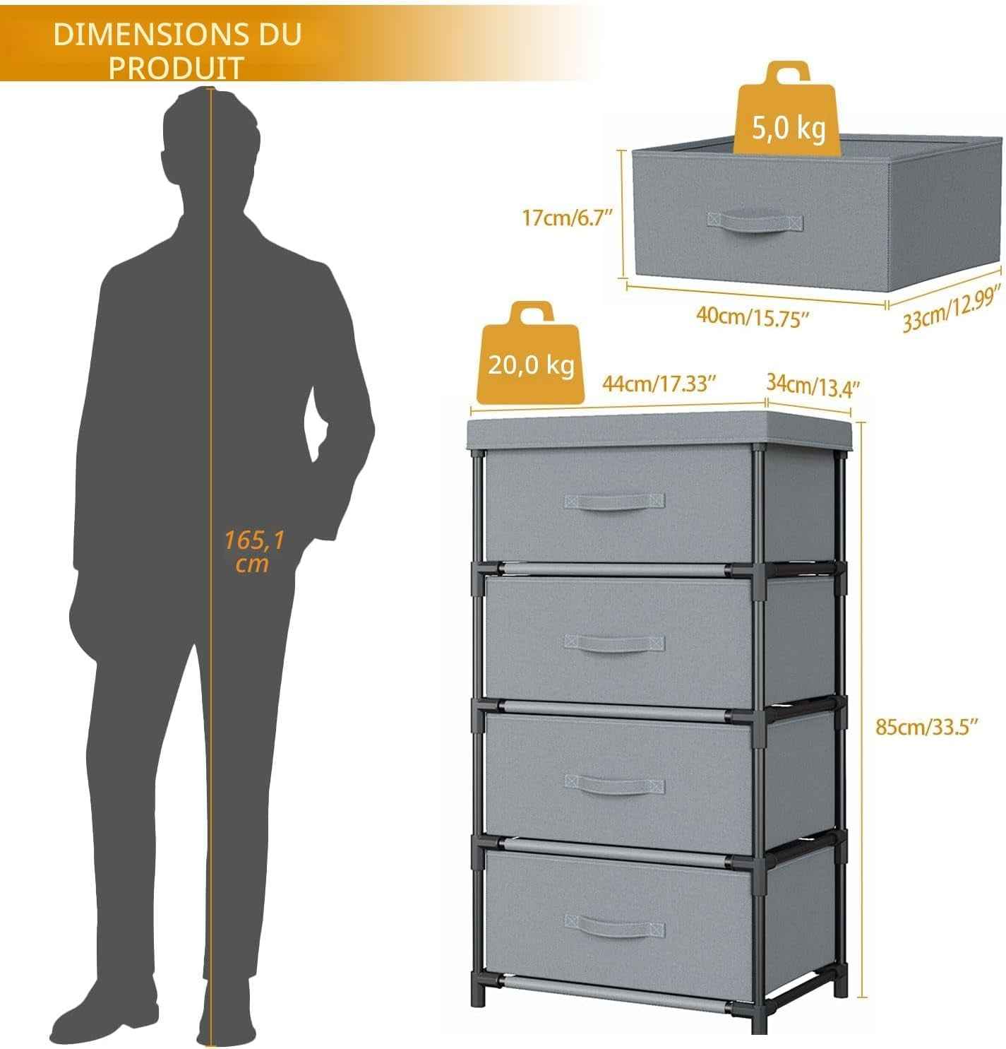 Commode Chambre En Tissu, Cadre En Métal, Meuble 4 Tiroirs Rangement Pour Chambre À Coucher, Salon, Couloir Et Entree - Gris