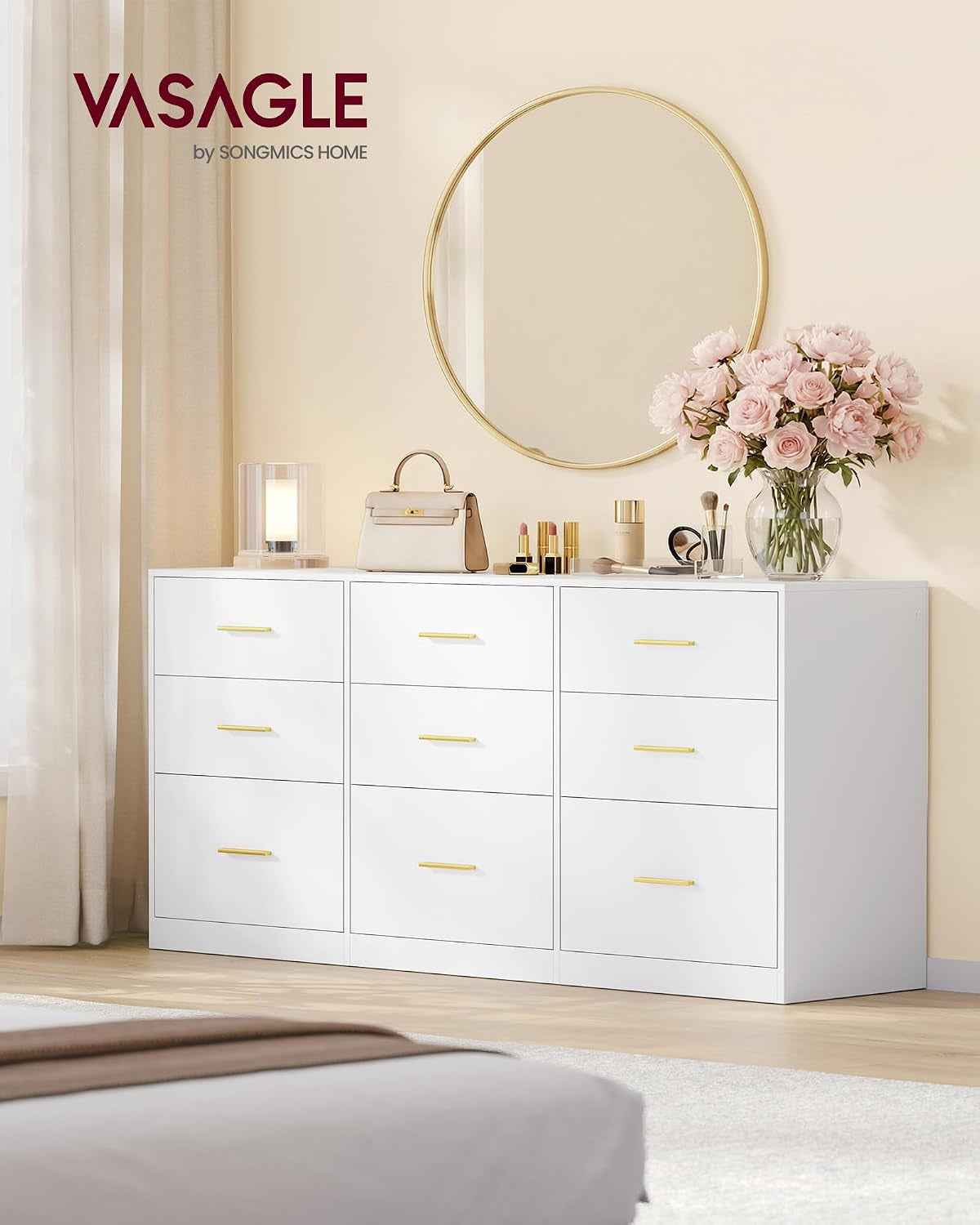 Custos Collection - Commode De Chambre, Armoire À Tiroirs Pour Dressing, Style Moderne, Meuble TV Pour Salon, 9 Tiroirs, 40 X 160,2 X 78 Cm, Blanc Nuage LTS419WB01
