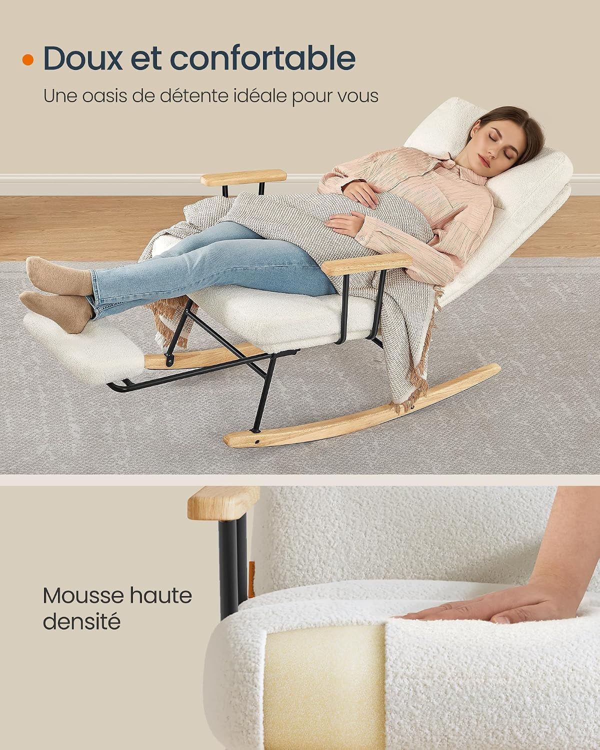 Fauteuil À Bascule, Pieds En Bois D'Hévéa, Tissu Peluche, Chaise À Bascule, Dossier Réglable Sur 4 Positions, Supporte Jusqu'À 160 Kg, Pour Chambre, Salon, Blanc Crème LYY016W01