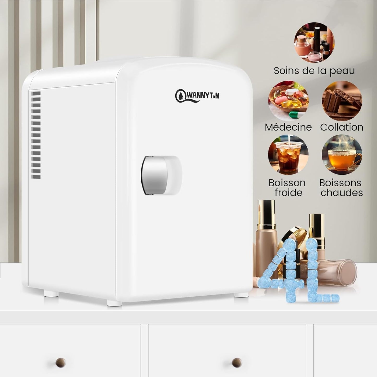 Mini Frigo Portable 4L, Mini Réfrigérateur Cosmétique, Mini Glacière Électrique, Fonction Froid/Chaud, Avec Câble AC 220V/ DC 12V Pour Voiture, Bureau, Chambre (Blanc)