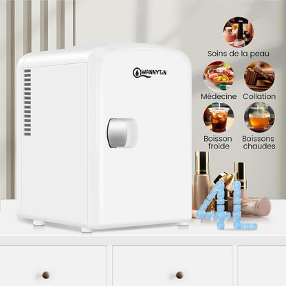 Mini Frigo Portable 4L, Mini Réfrigérateur Cosmétique, Mini Glacière Électrique, Fonction Froid/Chaud, Avec Câble AC 220V/ DC 12V Pour Voiture, Bureau, Chambre (Blanc)