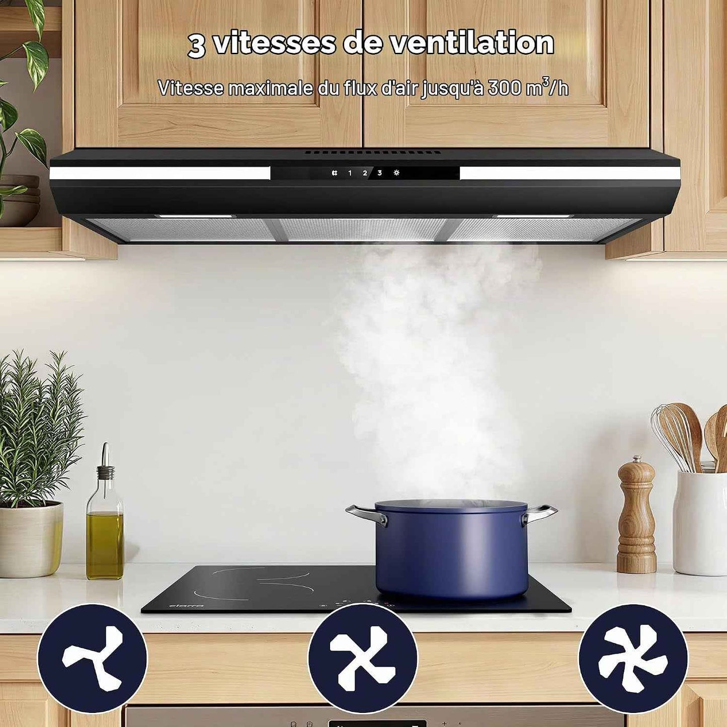 CBCB90921 Classe A+ Hotte Aspirante 90 Cm Sous Meuble - Noire | 320 M³/H -3 Vitesses,Commande Tactile, Évacuation&Recyclage, Filtre À Charbon CBCF011 Inclus, Lumière D’Ambiance Chaleureuse