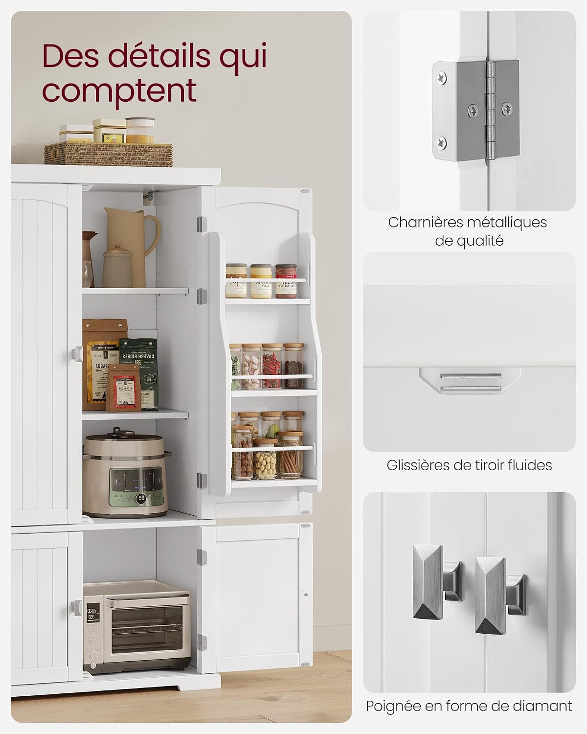 Buffet Haut Cuisine, Meuble De Rangement, Armoire, Vaisselier, 40 X 76 X 135,8 Cm, Grand Espace, 2 Planches Réglables, 6 Étagères De Porte, Pour Salon, Cuisine, Blanc BBC671HW01