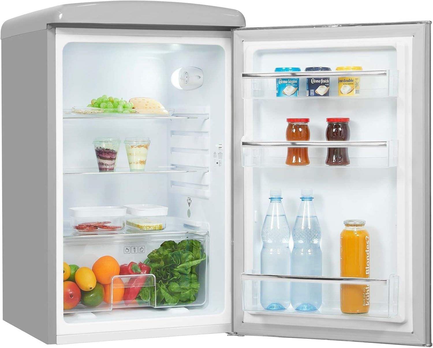 Exquisit Réfrigérateur Rétro RKS120-V-H-160F Gris | Support | Volume 122 L | Gris | Étagère En Verre Et Compartiment À Légumes | Lumière LED | Style Rétro | Roulettes Arrière