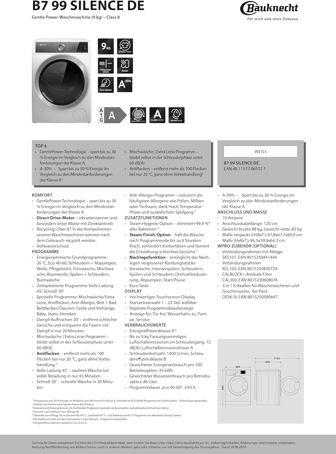 Bauknecht B7 99 Silence DE Machine À Laver À Chargement Frontal/A -30% / 9 Kg/Technologie Gentlepower/Option Hygiène Steam/Moteur Direct Drive/Départ Différé/Sécurité Enfant