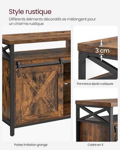 Meuble TV, Support Pour Téléviseur Jusqu’À 65 Pouces | Avec Étagères Réglables, Portes Imitation Grange, Cadre En Métal, Marron Rustique Et Noir Mat LTV071B01V1