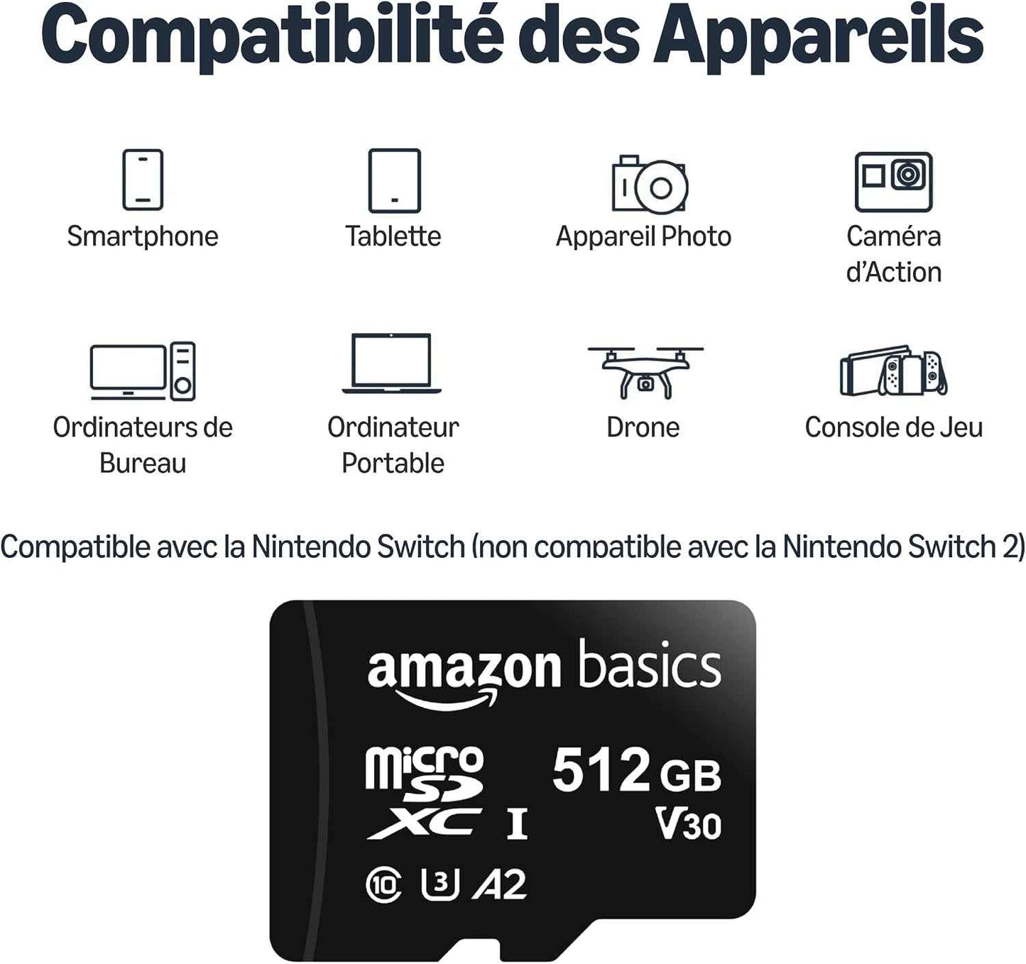 Carte Mémoire Microsdxc Avec Adaptateur Grande Taille, A2, U3, Vitesse De Lecture Jusqu’À 100Mbit/S, 512Go, Noir