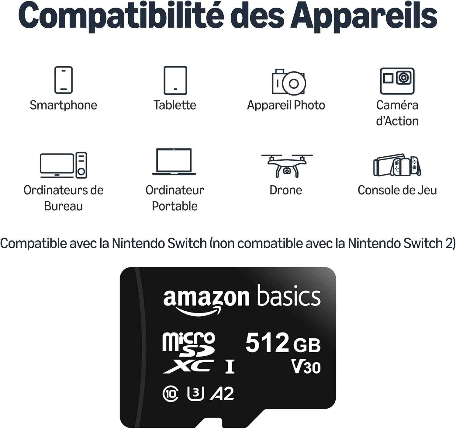Carte Mémoire Microsdxc Avec Adaptateur Grande Taille, A2, U3, Vitesse De Lecture Jusqu’À 100Mbit/S, 512Go, Noir