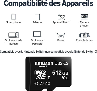 Carte Mémoire Microsdxc Avec Adaptateur Grande Taille, A2, U3, Vitesse De Lecture Jusqu’À 100Mbit/S, 512Go, Noir