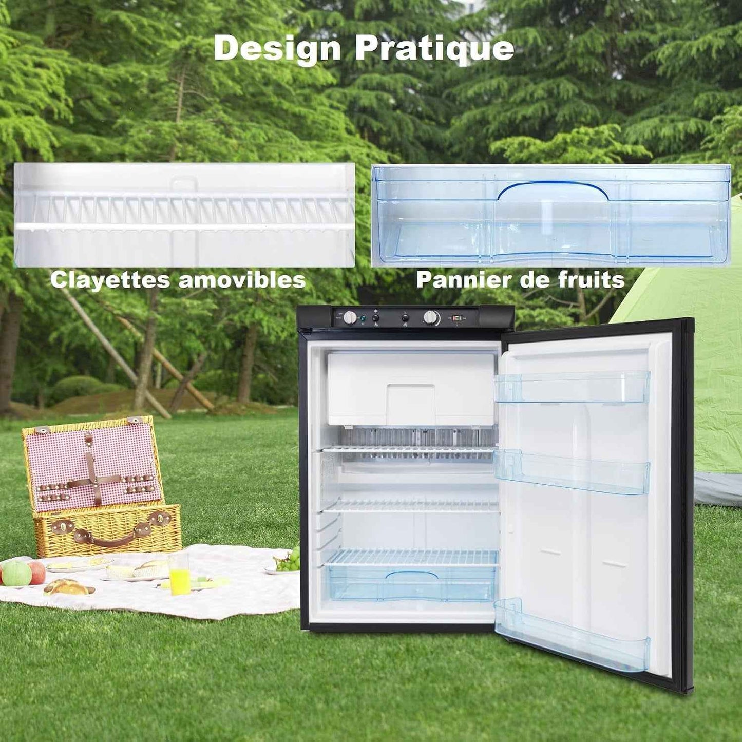 Frigo Trimixte 12V 220V Gaz, 100L, Frigo Gaz Avec Congélateur Pour Camping Car, Caravane, Maison, Mobile-Home, Chalet, Cabanon, Noir