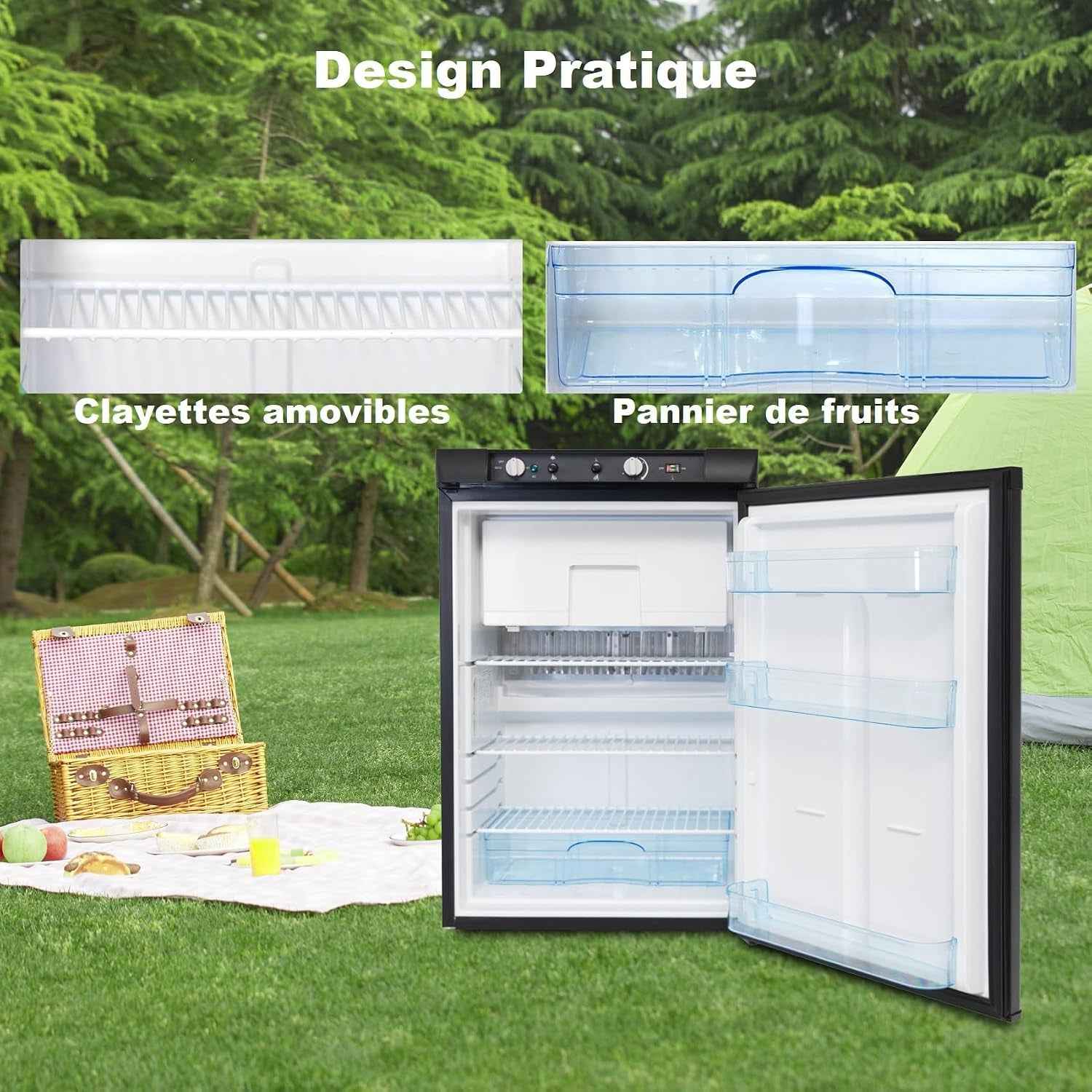 Frigo Trimixte 12V 220V Gaz, 100L, Frigo Gaz Avec Congélateur Pour Camping Car, Caravane, Maison, Mobile-Home, Chalet, Cabanon, Noir