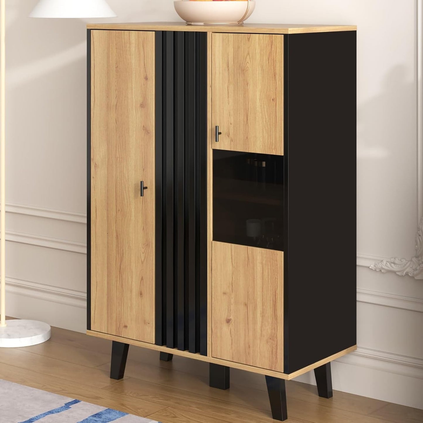 Buffet Noir Et Bois Avec 4 Grandes Étagères, Vitrine Avec Verre Et Lumières LED, Armoire Multifonction Pour Salon, Chambre, Couloir Et Salle À Manger (A)