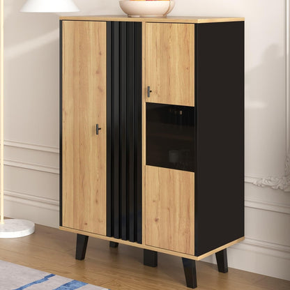 Buffet Noir Et Bois Avec 4 Grandes Étagères, Vitrine Avec Verre Et Lumières LED, Armoire Multifonction Pour Salon, Chambre, Couloir Et Salle À Manger (A)