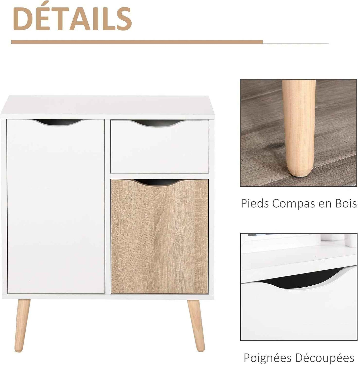 Buffet Meuble De Rangement Design Scandinave Blanc Chêne Clair | 2 Placards, Tiroir Coulissant, Bois