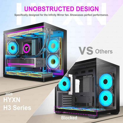 H3(2026) Boitier PC ATX– Préinstallé 6 Ventilateurs PWM ARGB Miroir Infini, Supporter Radiateur 360 Mm,Boîtier PC ATX À Double Chambre Mid Tower, Avec Type -C 3.2 (Noir)