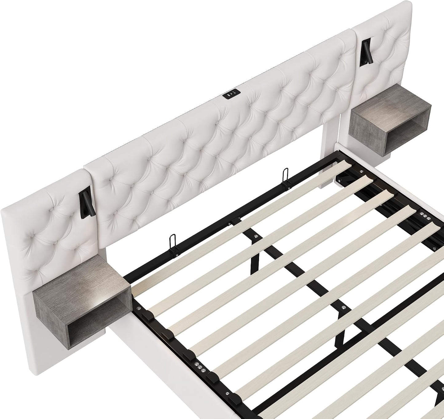 Lit Coffre 140X200 Cm Avec Sommier, Lit Complet En Velours Avec Tables De Chevet, Lit Double Avec Lampes De Lecture, Tête De Lit Avec USB Et USB-C, Pour Adultes (Blanc Cassé, 140 X 200 Cm)