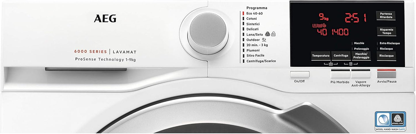 L6FEG943 Machine À Laver Série 6000, 9 Kg, Centrifugeuse 1400 Tr/Min