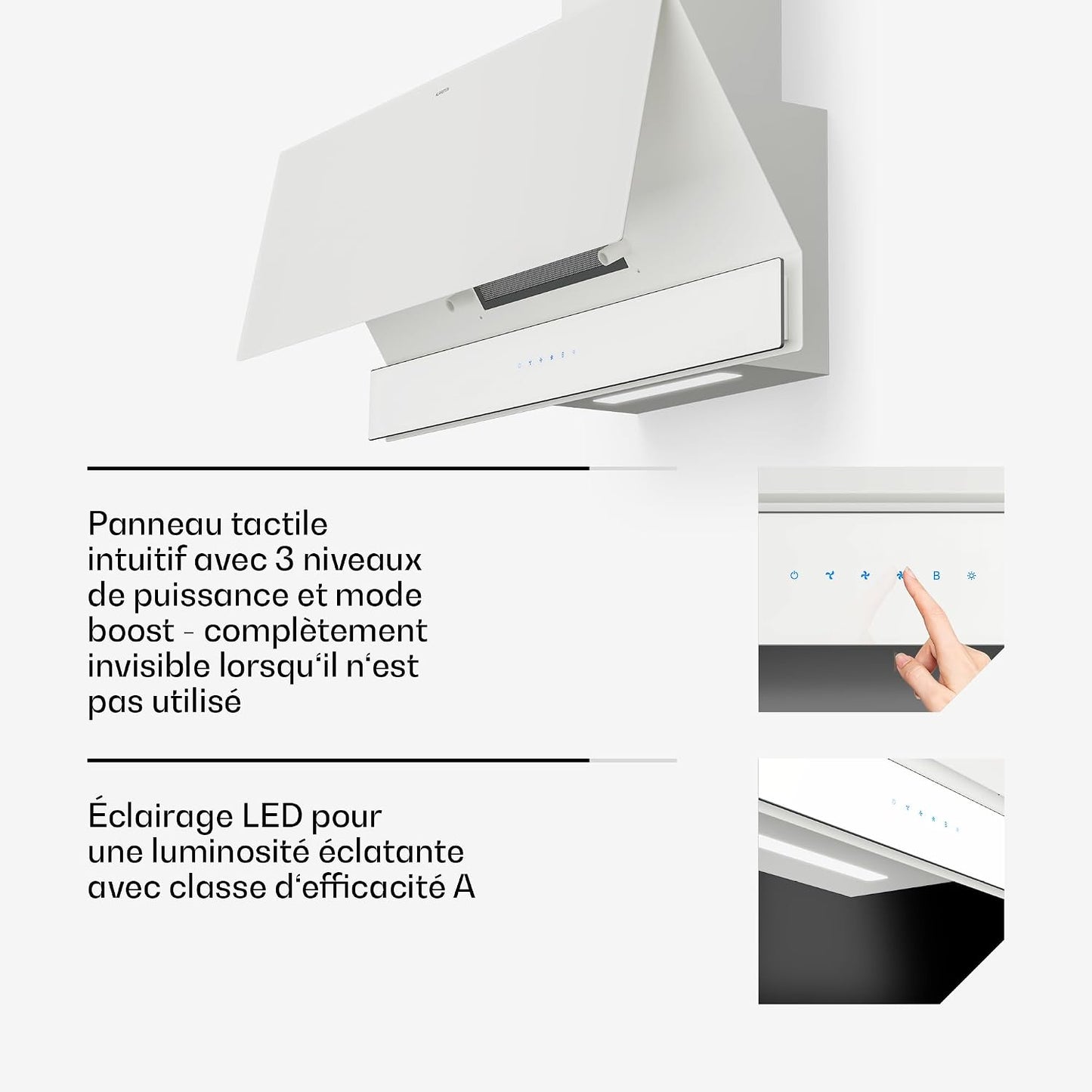 Klarstein Velaire Hotte Aspirante 90 Cm - Hotte Décorative, 820 M³/H, A++ Énergie, Commandes Tactiles, LED, Filtre Charbon, Silencieuse, 3 Vitesses + Boost, Hotte Cuisine Moderne, Blanc