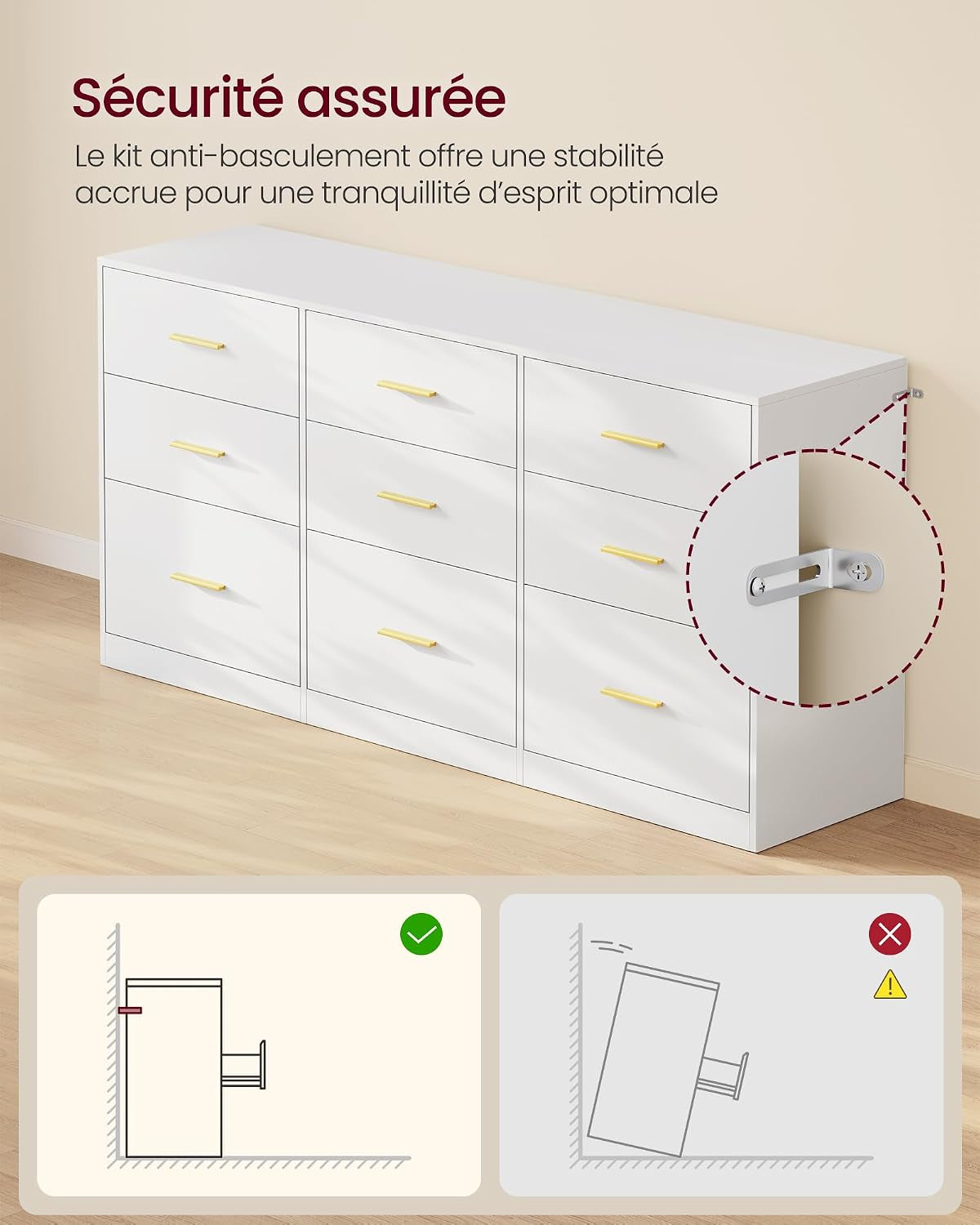 Custos Collection - Commode De Chambre, Armoire À Tiroirs Pour Dressing, Style Moderne, Meuble TV Pour Salon, 9 Tiroirs, 40 X 160,2 X 78 Cm, Blanc Nuage LTS419WB01