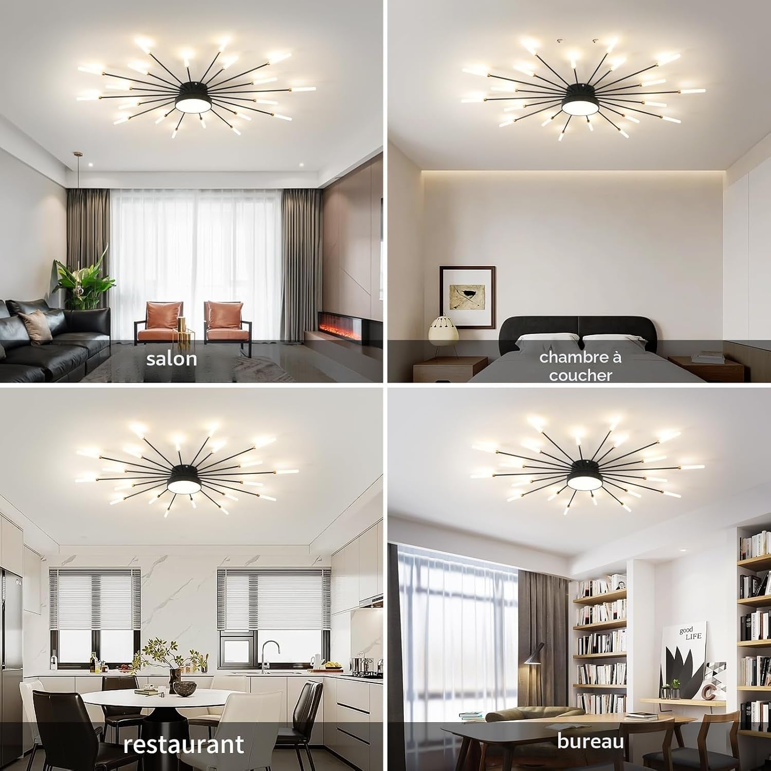 Plafonnier LED Moderne 20 + 1 Têtes Lustres Noirs Semi-Affleurants Éclairage De Plafond Pour Chambre Salon Cuisine Salle À Manger Restaurant