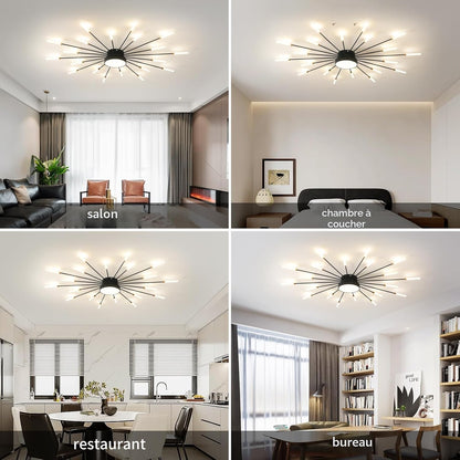 Plafonnier LED Moderne 20 + 1 Têtes Lustres Noirs Semi-Affleurants Éclairage De Plafond Pour Chambre Salon Cuisine Salle À Manger Restaurant