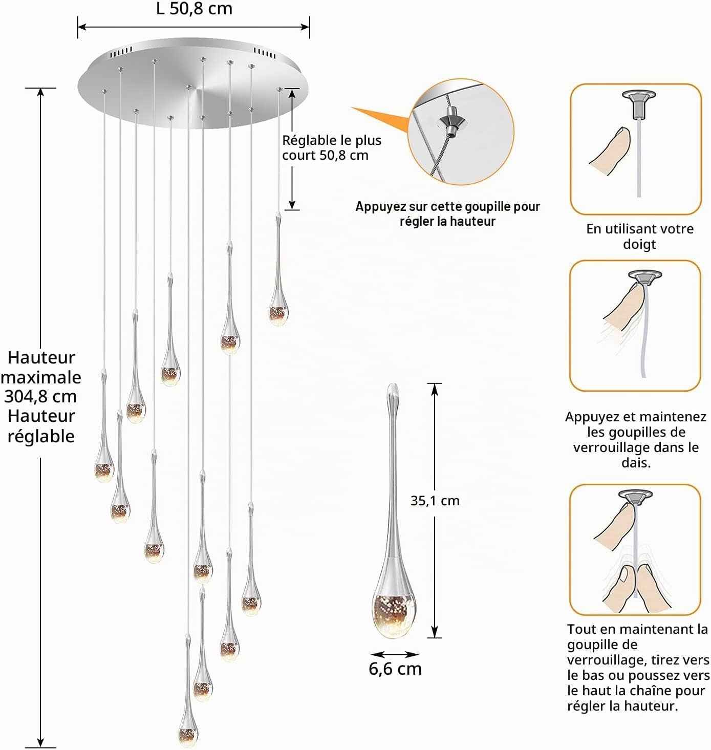 Lustre Suspendu En Cristal Long 12 Lumières - Éclairage Pour Foyer, Entrée, Plafond Haut, Salon - Grands Lustres LED Avec Accessoires Réglables