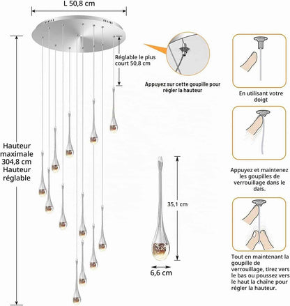 Lustre Suspendu En Cristal Long 12 Lumières - Éclairage Pour Foyer, Entrée, Plafond Haut, Salon - Grands Lustres LED Avec Accessoires Réglables