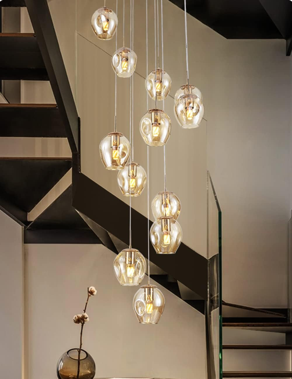 Moderne Escalier Suspendu Lustre,Plafonnier Lustre Verre Boule Suspension,Lampe Led,Grand Multi Ampoule Luminaire Suspendu Pour Salon,Cage Descalier,Couloir,Villa (10 Lights)