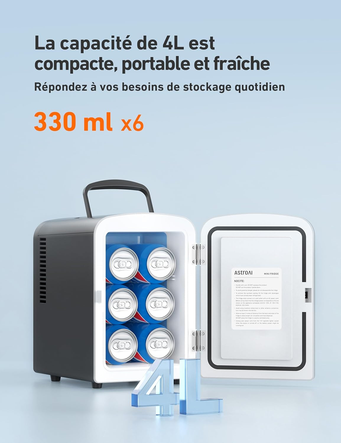 Mini Frigo De Chambre, Mini Réfrigérateur Voiture Portatif 4L 12V/220V, Glacière Électrique Chaud/Froid 0-66°C, Cadeau Femme Homme Garantie 3 Ans (Black)