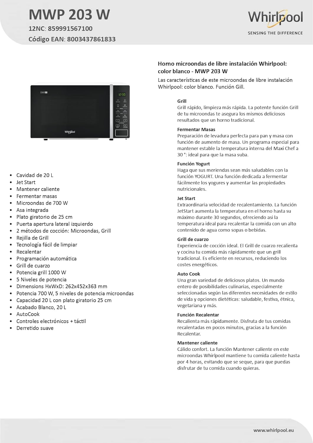 Whirlpool MWP 203 W Four À Micro-Ondes + Grill, 20 Litres, Blanc, Avec Grille Haute