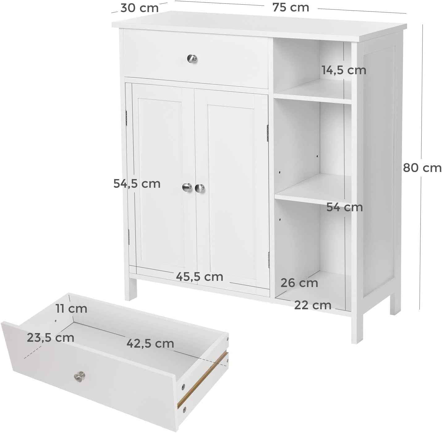 Meuble De Salle De Bain, Meuble De Rangement Avec 2 Portes, Armoire De Salle De Bain Avec Tiroir, 3 Compartiments Ouverts, Étagères Réglables, 75 X 30 X 80 Cm, Blanc Nuage BBC142W01