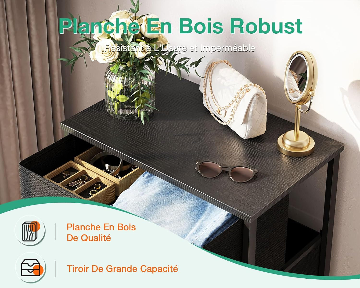 Noir Commode Chambre Adulte, Avec 4 Tissu Tiroirs | Petite Commode Adaptée Au Salon, Cadre En Acier Robuste, Plateau En Bois, 40 X 30 X 80Cm