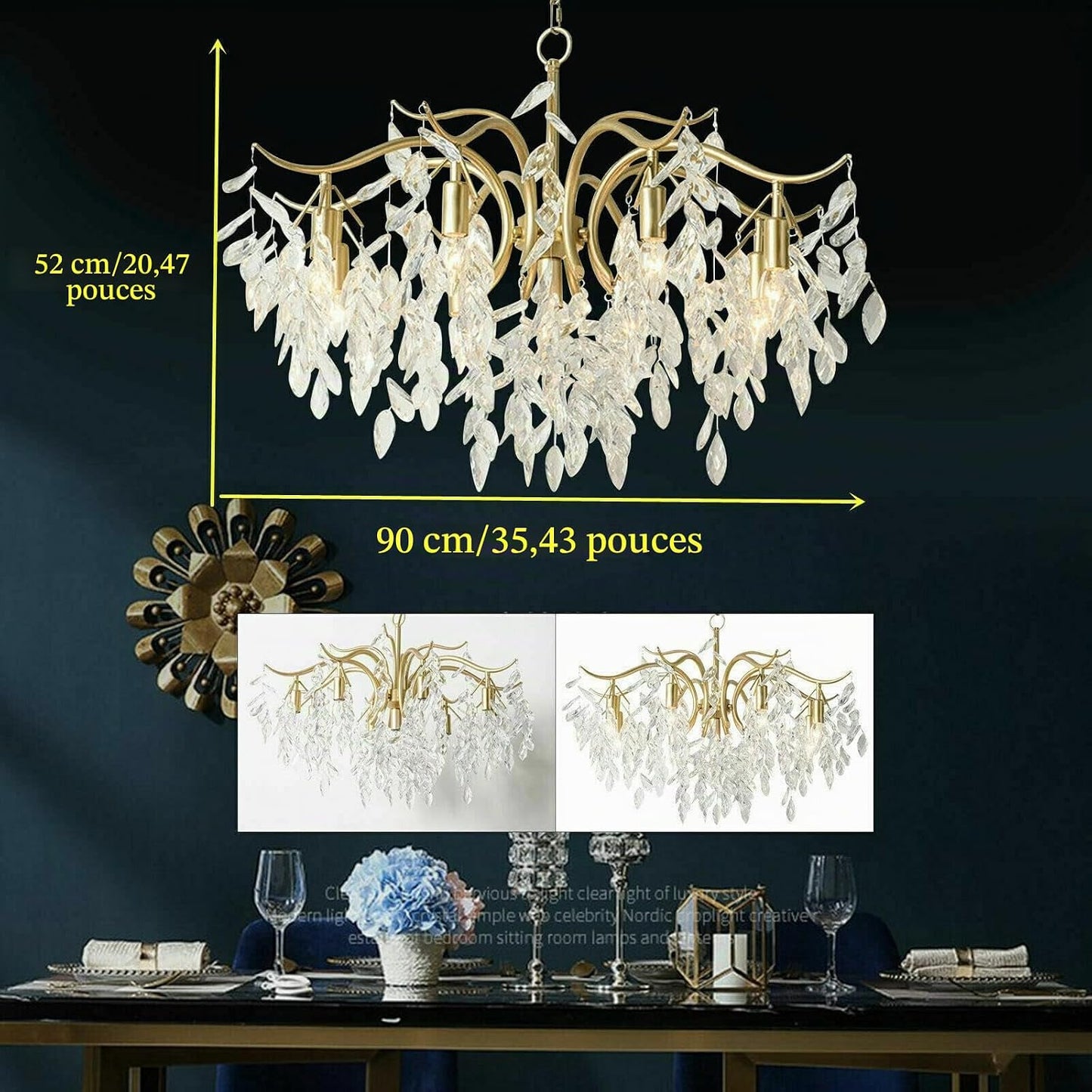 Luxueux Lustre À 9 Branches En Cristal Lustre Cristal Transparent Plafonnier Lampe À Suspension Verre Cristal Métal Classique Pour Chambre À Coucher, Salon, Salle À Manger, Couloir