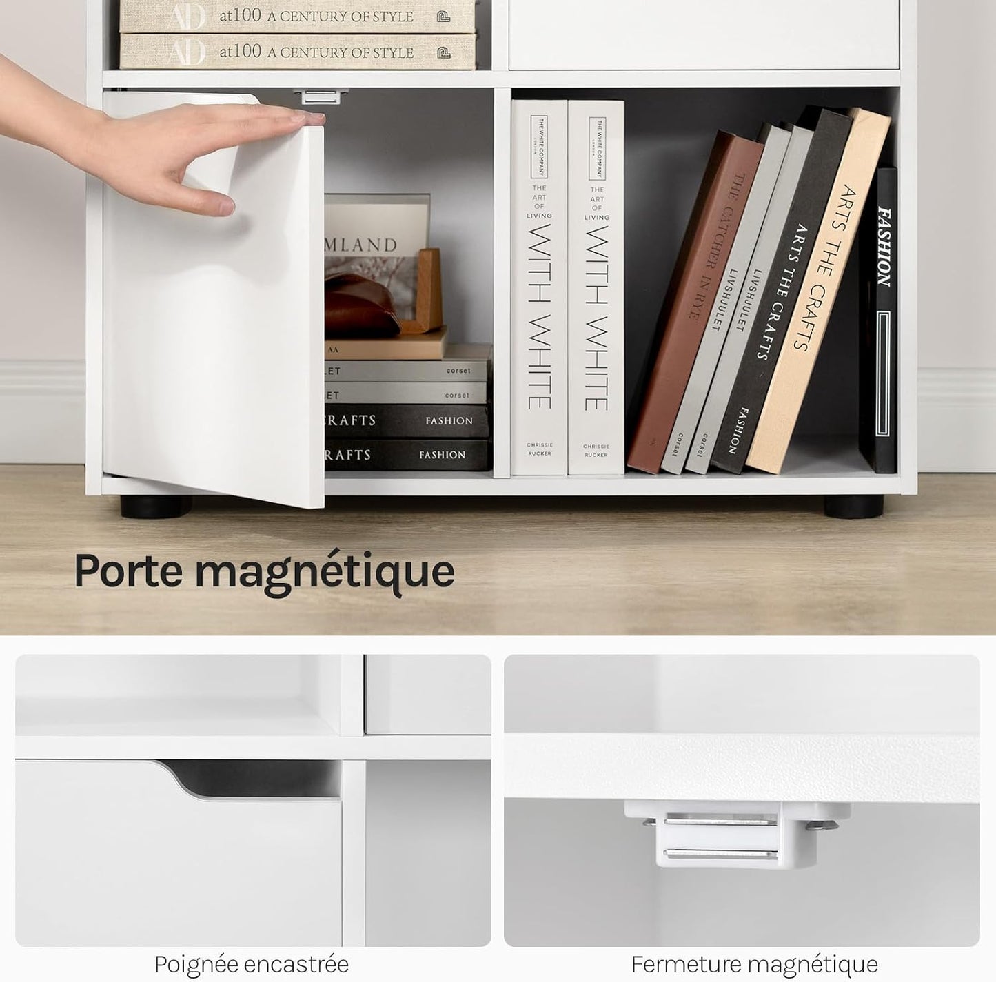 Bibliothèque Étagère De Rangement, Meuble Cube 59,6X29X91Cm | En MDF Pour Salon Bureau Avec 3 Portes 6 Compartiments, Blanc